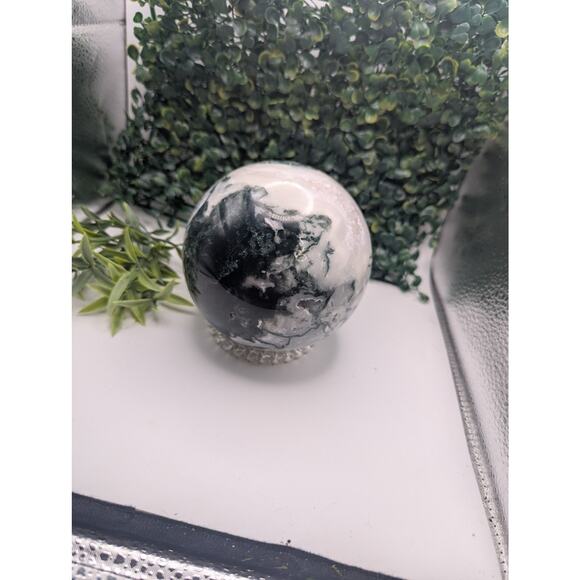 High Quality Moss Agate Sphere Druzy Cave Crystal witch Natural Statement Piece - Picture 3 of 8
